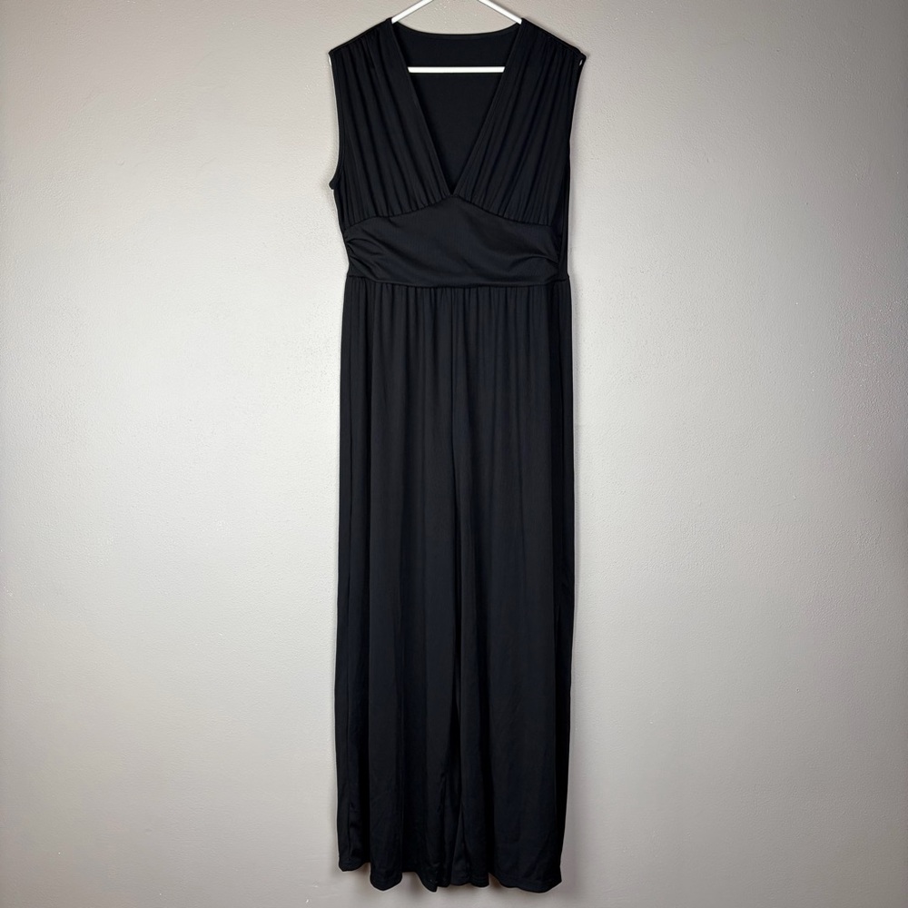 Sonoma Black Ribbed Wide Leg Jumpsuit Romper V Neck Sleeveless Sz XXL EUC Comfy - Picture 2 of 10